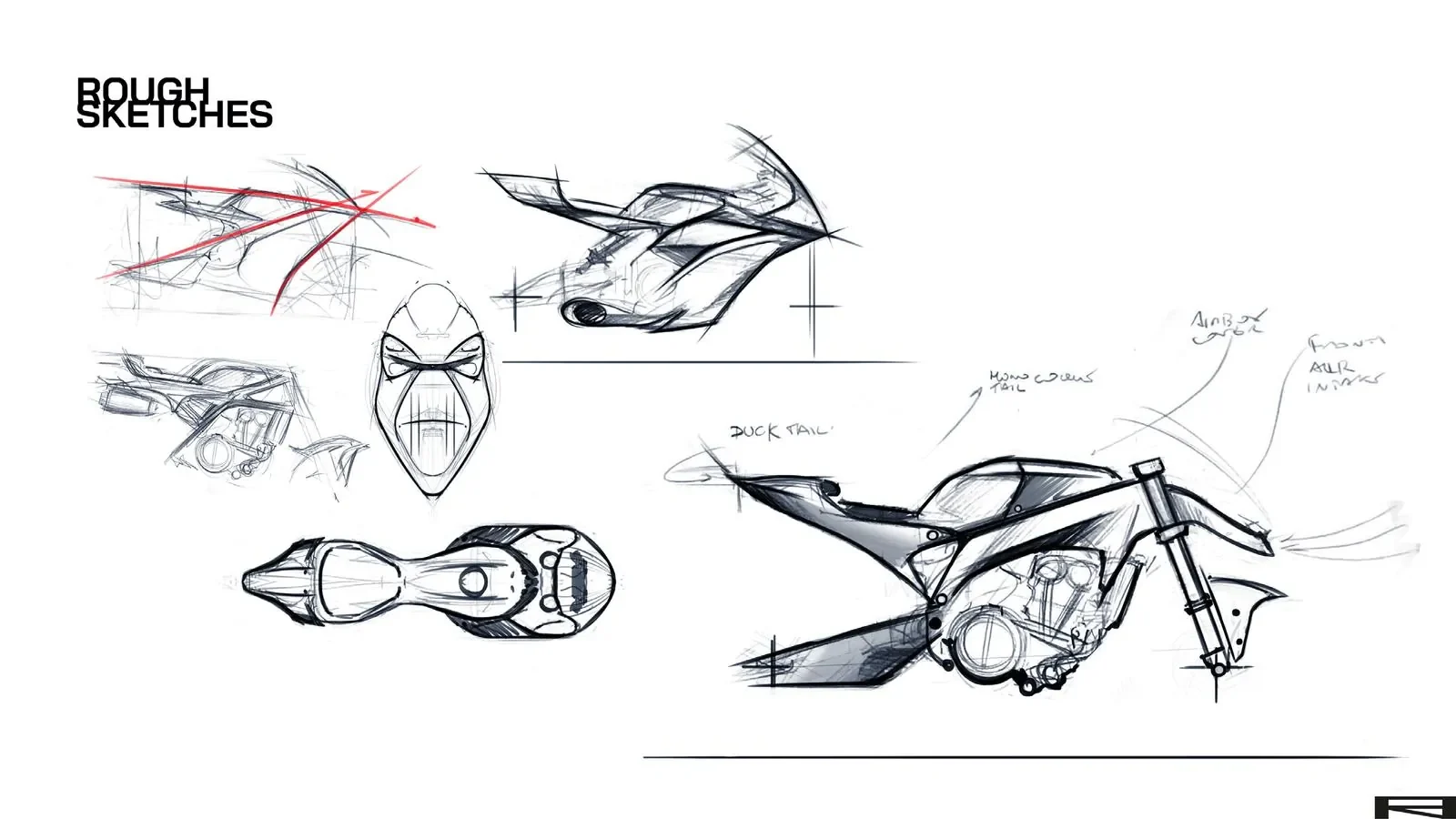 Rough sketches: proportions, top and front views, side view with duck tail