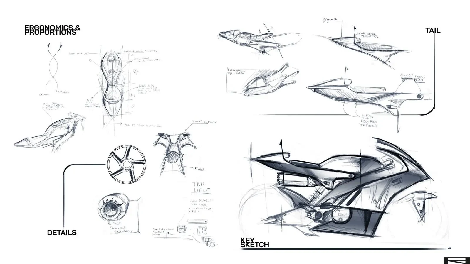 Ergonomics and proportions, tail studies, details and key sketch