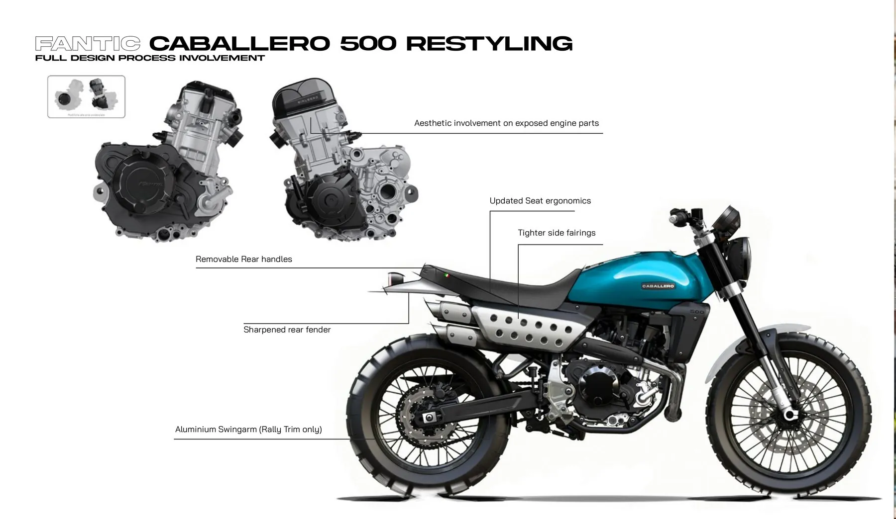 What I worked on: exposed engine parts, seat ergonomics, side fairings, removable rear handles, rear fender, aluminium swingarm
