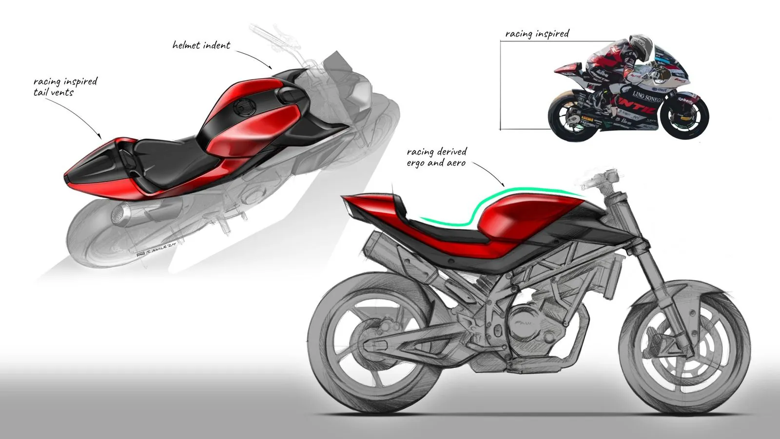 Racing inspired: tail vents, helmet indent, ergonomics and aero