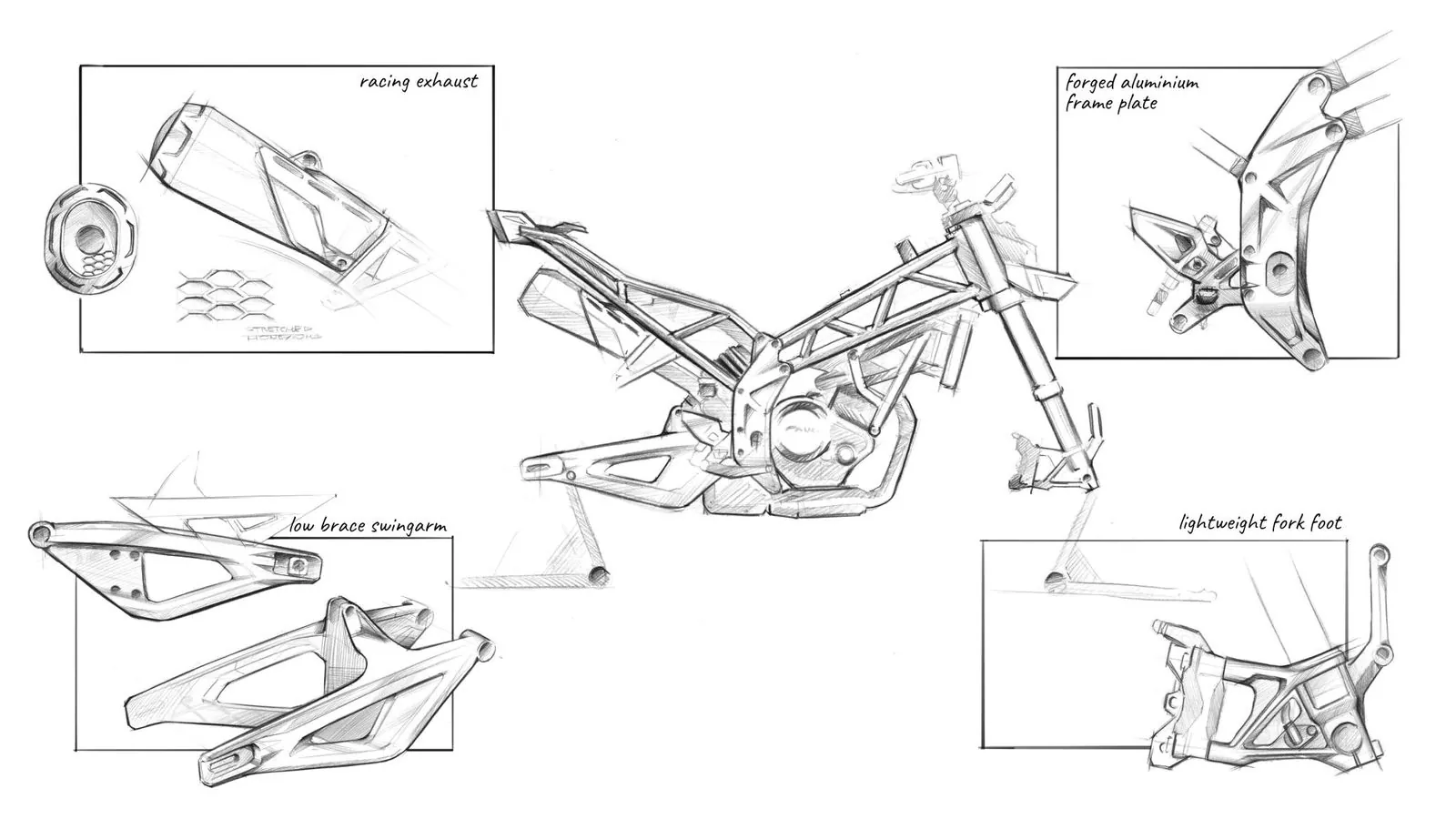 Details: racing exhaust, forged frame plate, swingarm, fork foot